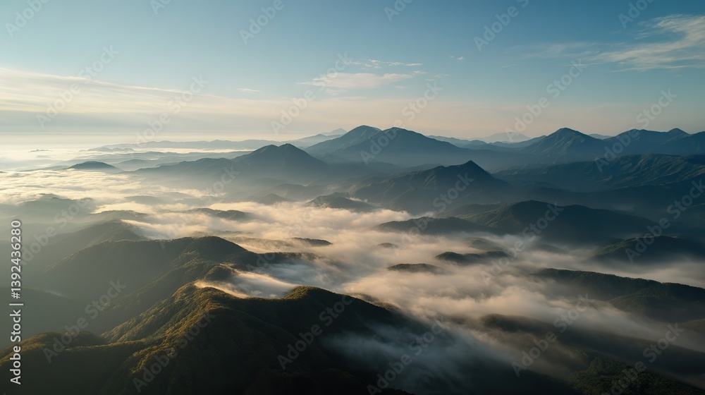 Fototapeta premium Aerial view of the foggy mountains at sunrise. The panorama of cascading mountains and a sea of clouds in the Chinese art style is reminiscent of National Park Award winning photographs.