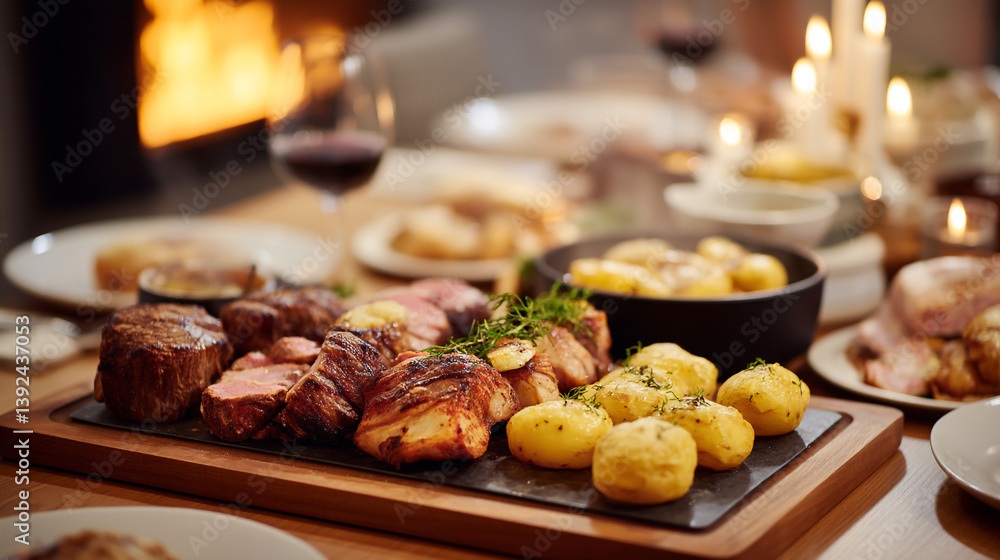 A delicious feast of steak and potatoes served on a wooden board next to a warm fireplace scene A delicious feast of steak and potatoes served on a wooden board next to a warm fireplace scene