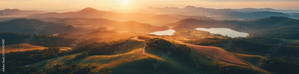 Naklejka premium Sustainable Horizon Golden Sunrise Illuminating Eco-Conscious Renewable Energy Landscape with Solar Innovation and Climate Resilience Panorama