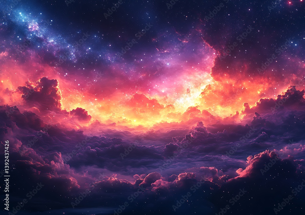 Naklejka premium Celestial Dreamscape Fiery Nebula Above Purple Clouds.