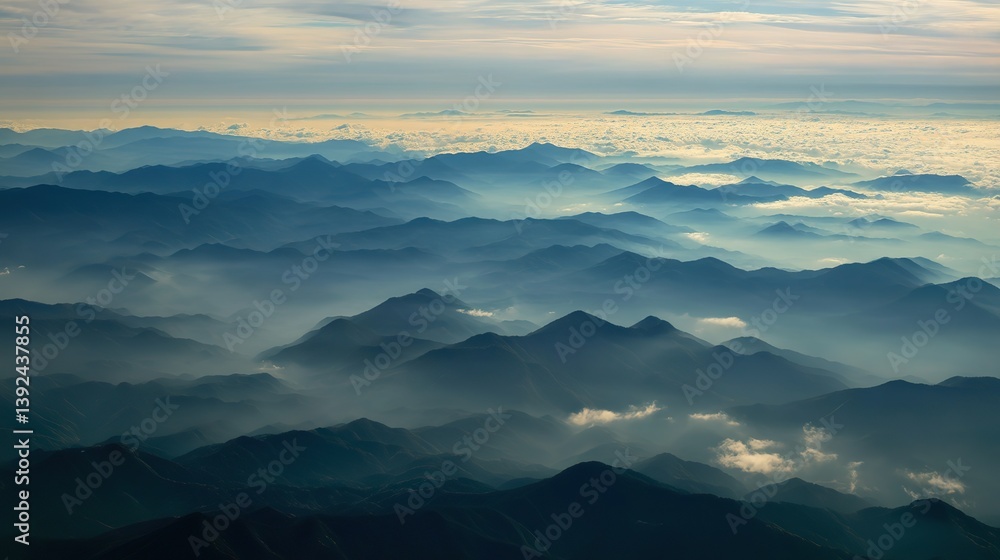 Aerial view of the foggy mountains at sunrise. The panorama of cascading mountains and a sea of clouds in the Chinese art style is reminiscent of National Park Award winning photographs. Aerial view of the foggy mountains at sunrise. The panorama of cascading mountains and a sea of clouds in the Chinese art style is reminiscent of National Park Award winning photographs.