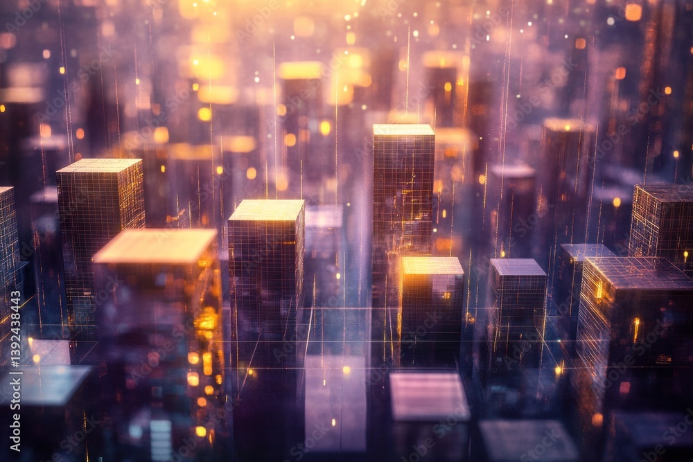 Obraz premium A digitally rendered cityscape with glowing lights and rectangular structures