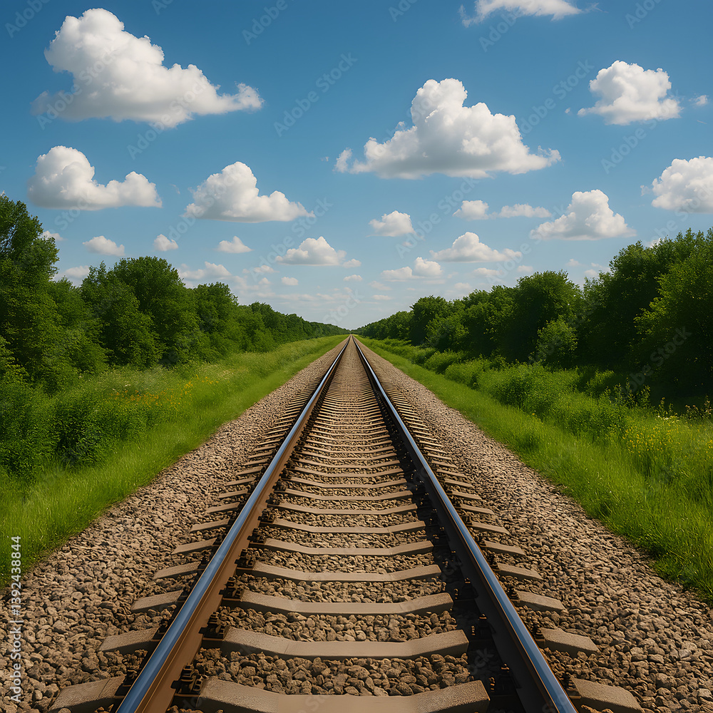 Fototapeta premium A stunning high-resolution photograph capturing railway tracks that stretch endlessly into the distance, flanked by vibrant green vegetation and bathed in natural daylight. The scene is enriched by a 