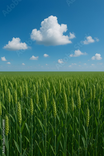 A high-resolution photograph showcasing a lush green wheat field extending across the landscape under a vivid blue sky filled with scattered white clouds.