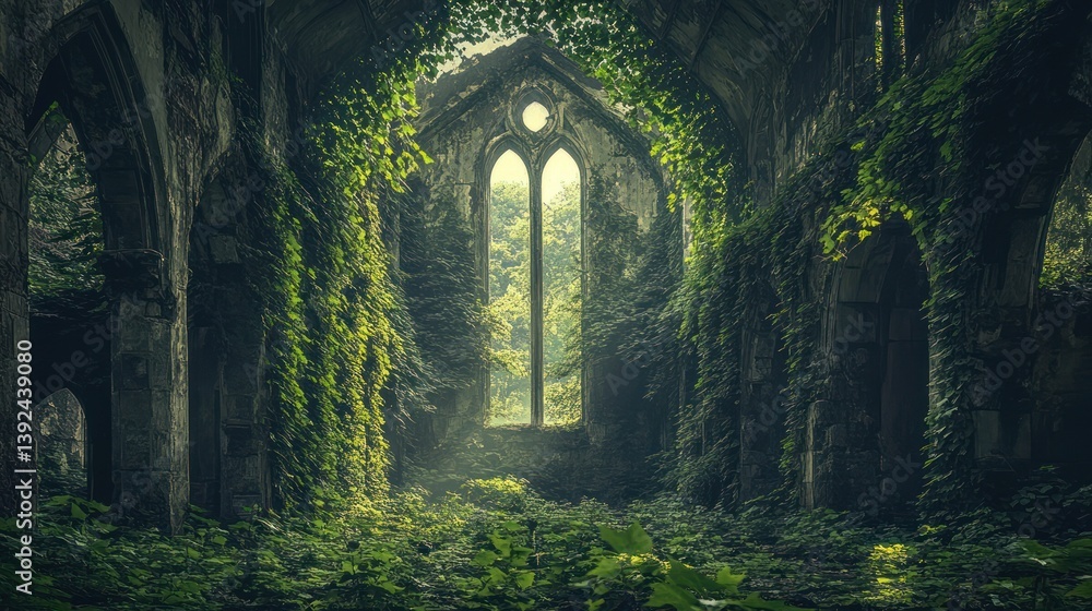 Ruined gothic architecture overgrown with verdant vines and foliage in a wild nature landscape Ruined gothic architecture overgrown with verdant vines and foliage in a wild nature landscape