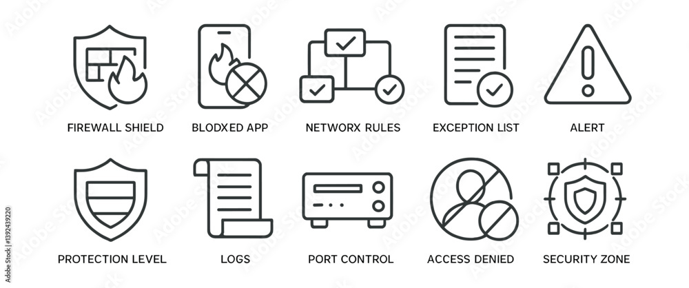 Fototapeta premium Network security icon set: linear style for cyber protection and management