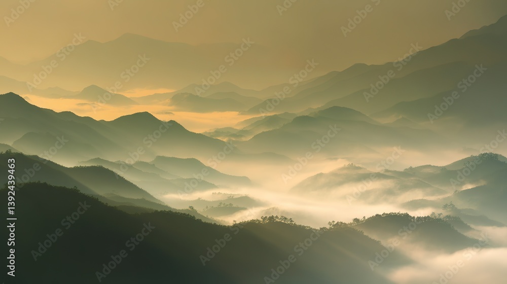 Fototapeta premium Aerial view of the foggy mountains at sunrise. The panorama of cascading mountains and a sea of clouds in the Chinese art style is reminiscent of National Park Award winning photographs.