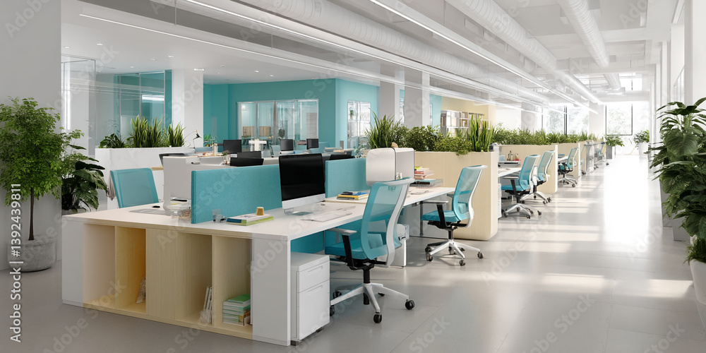 Modern office interior design showcasing rows of light teal desks, chairs, and plants, creating a bright and airy workspace, symbolizing productivity, collaboration and innovation Modern office interior design showcasing rows of light teal desks, chairs, and plants, creating a bright and airy workspace, symbolizing productivity, collaboration and innovation