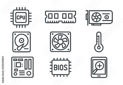 Computer hardware icons set: linear style depicting key components and devices