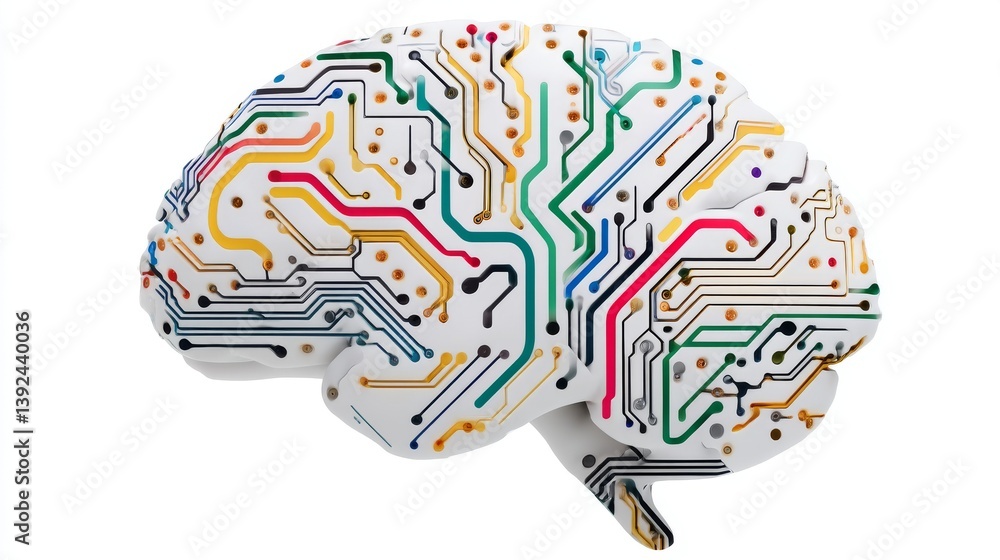 Fototapeta premium The illustration of an AI brain is depicted in a colorful manner on a transparent background, having been cut out
