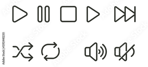Linear music control icons set: play, pause, stop, forward, shuffle, repeat, sound