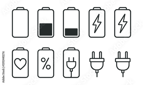 Battery and charging icon set: energy, power, and electricity symbols in linear style