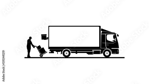 Unloading truck, black isolated silhouette