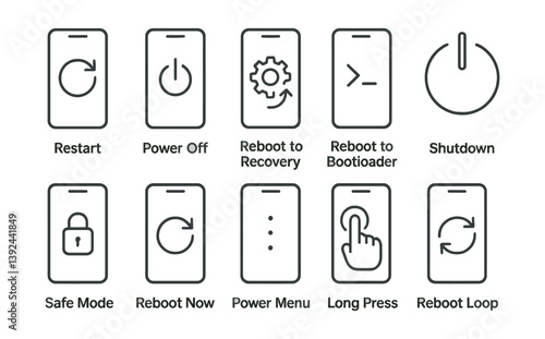 Smartphone restart and shutdown icon set - linear style