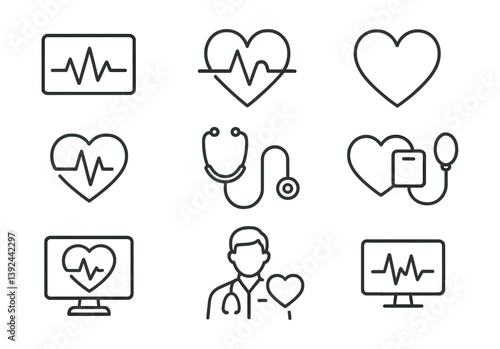 Linear heartbeat and medical icons set for healthcare and medical applications