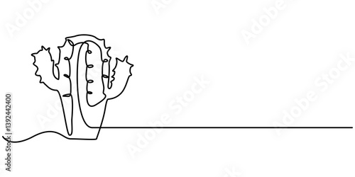 Single one line drawing cute exotic tropical spiny cactus plant. Printable decorative houseplant concept home wallpaper ornament. Modern continuous line draw design graphic vector.             