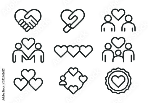 Heart and connection icons set: linear style for love, community, and relationships