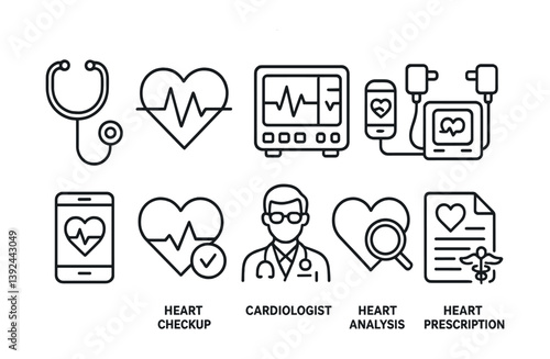 Medical icon set: heart checkup and cardiologist tools in linear style