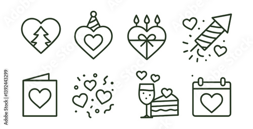 Valentine's day icon set: heart, gift, cake, wine glass, and fireworks in linear style