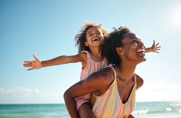 Happy african american woman gives daughter piggyback ride on summer beach. Girl has arms outstretched. Mother and child enjoy vacation on sunny day. Family fun, joy. Ocean background.
