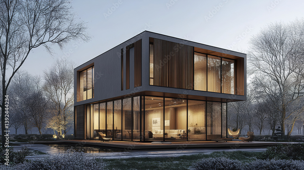 Modern cube house with warm wooden slats and large windows at dusk Modern cube house with warm wooden slats and large windows at dusk