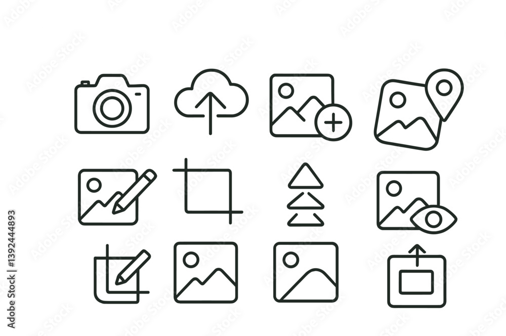 Fototapeta premium Photography and editing icon set: linear style with camera, cloud, and editing tools
