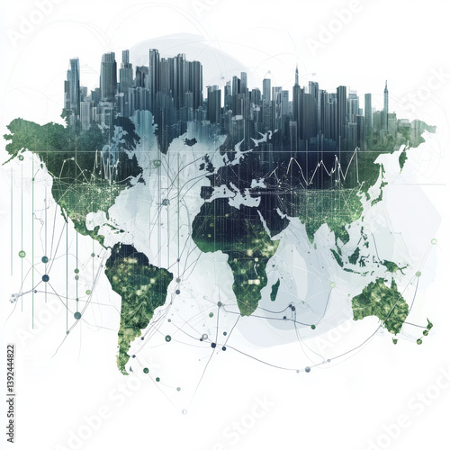 Global urbanization trends world map digital artwork modern technology aerial view environmental insights