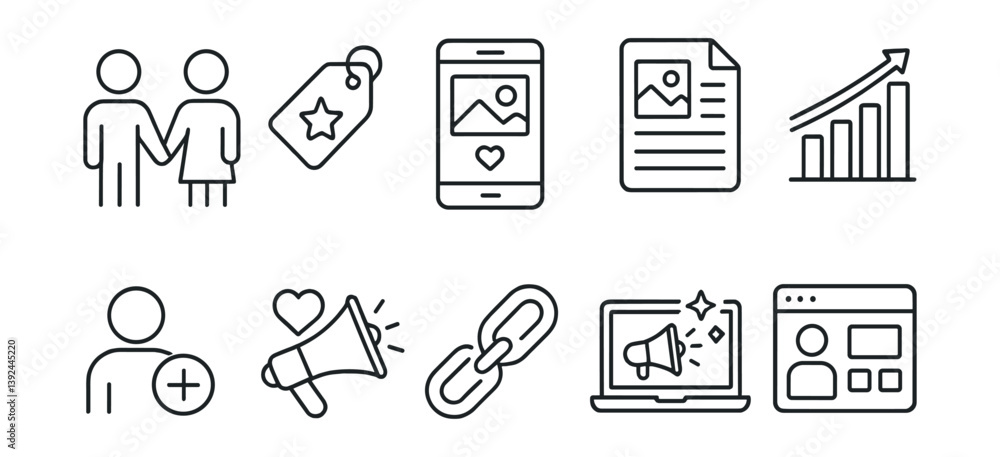 Fototapeta premium Digital communication and marketing icons set in linear style
