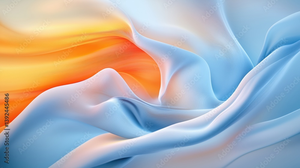 Obraz premium Textured fabric in soft hues of blue and orange showcases fluid movement and elegant draping in an artistic display of light and color at a creative workspace