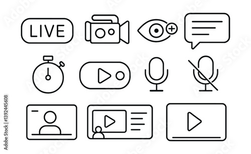 Live streaming linear icon set: camera, microphone, play, chat, timer, and more