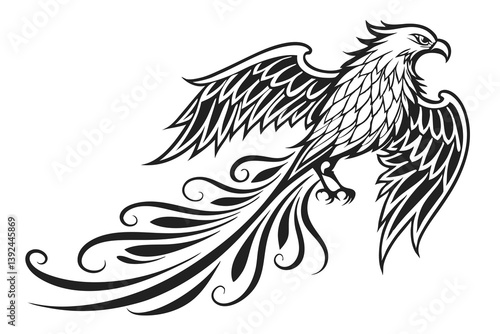 Tribal phoenix tattoo vector illustration, a powerful bird symbol in black silhouette art design