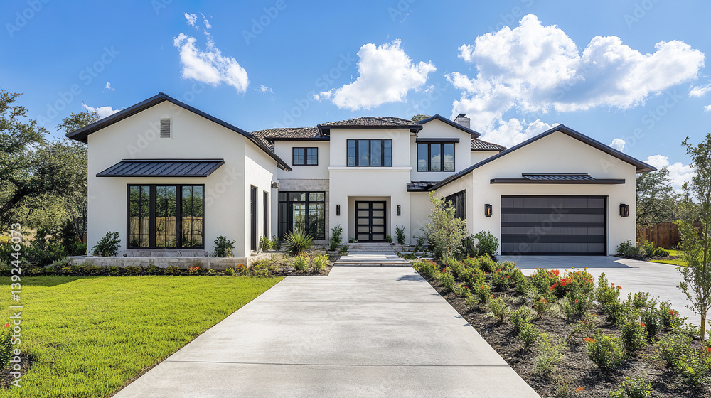 Modern home with neutral tones and flat roof, surrounded by lush greenery Modern home with neutral tones and flat roof, surrounded by lush greenery
