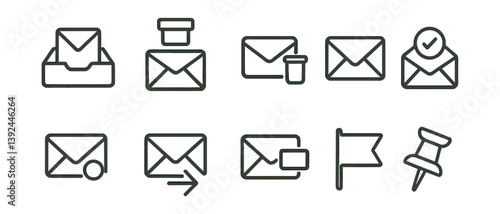 Email communication icons set: envelope, inbox, attachment, flag, linear style