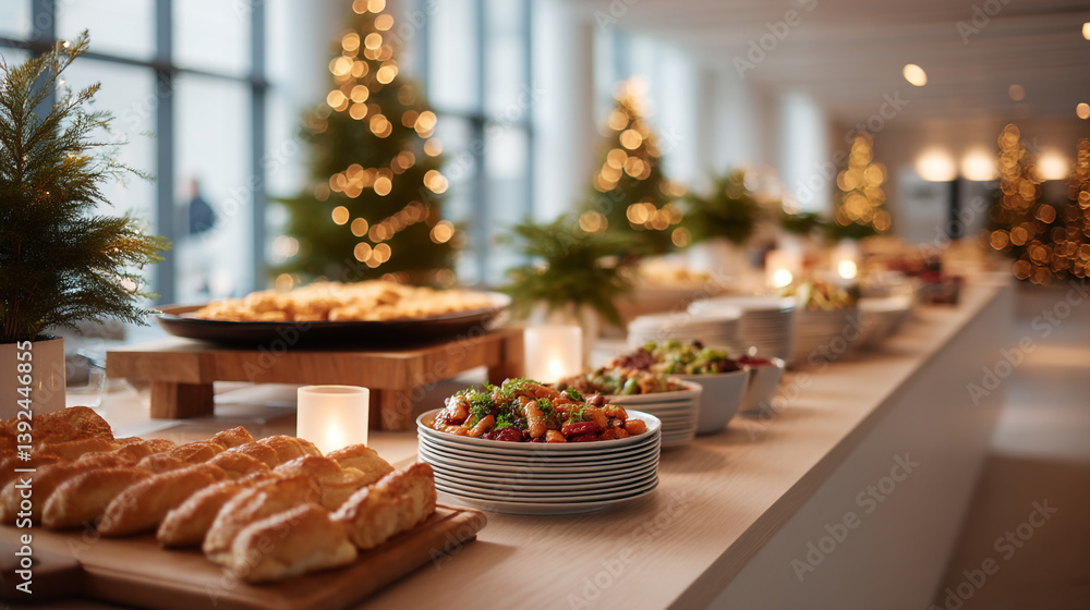 A christmas buffet table with food and decorations in a bright and festive setting indoors at daytime A christmas buffet table with food and decorations in a bright and festive setting indoors at daytime