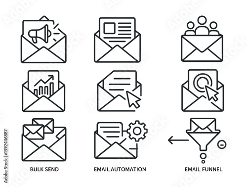 Email marketing linear icons set: engage, analyze, automate with efficient tools