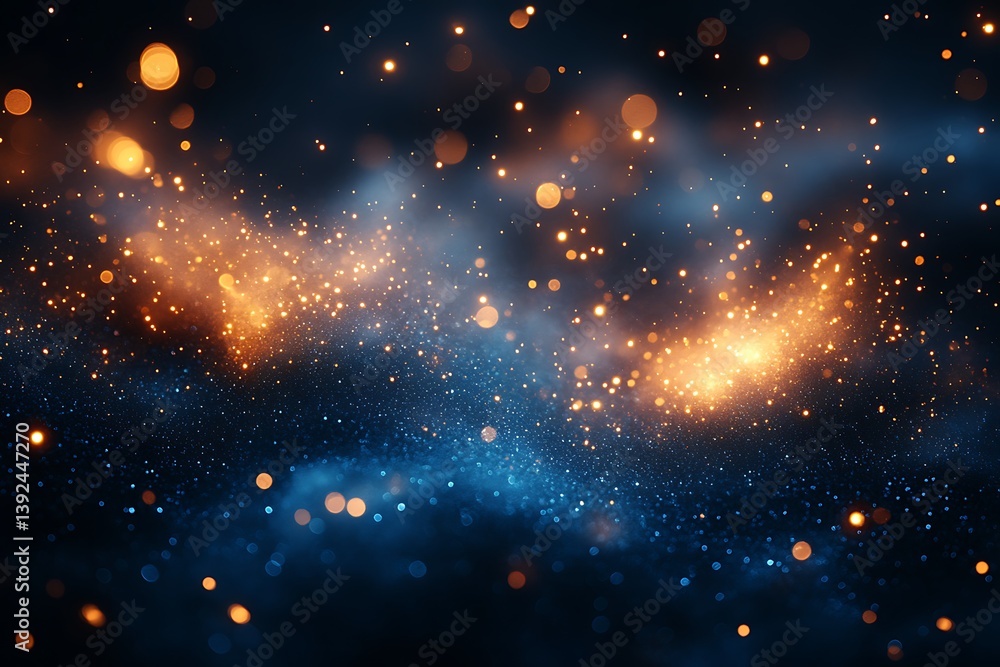 Fototapeta premium Cosmic Nebula Blue Gold Glitter Sparkles.