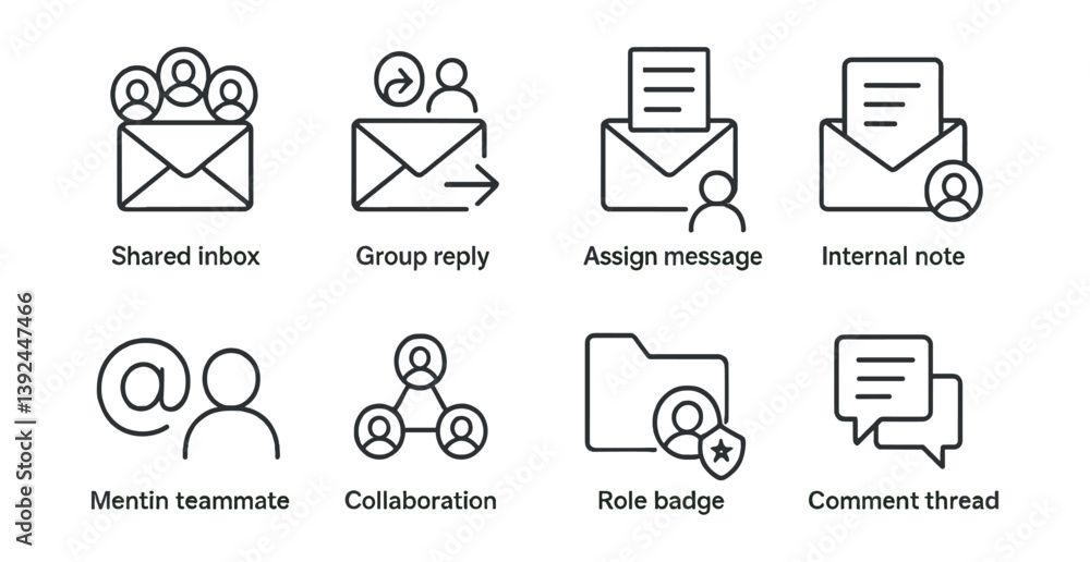 Fototapeta premium Linear communication and collaboration icons set for teamwork and messaging platforms
