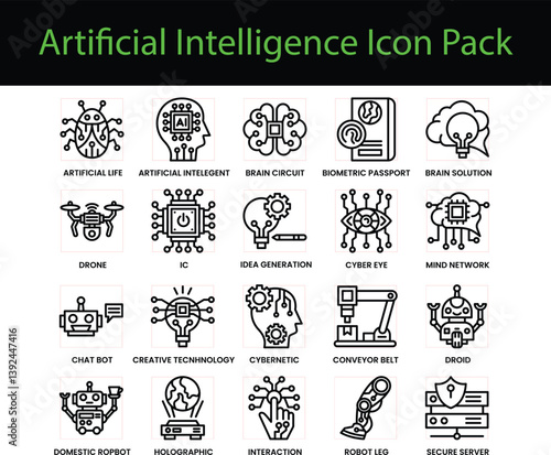 20 artificial intelligence icons suitable for web design, presentations, technology projects, futuristic themes, and elearning materials. Perfect for techrelated visuals