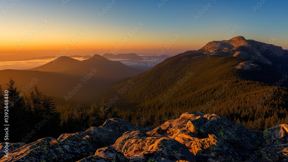 Obraz premium Sunrise Over Majestic Mountain Peaks and Pine Forest – Tranquil Wilderness Vista