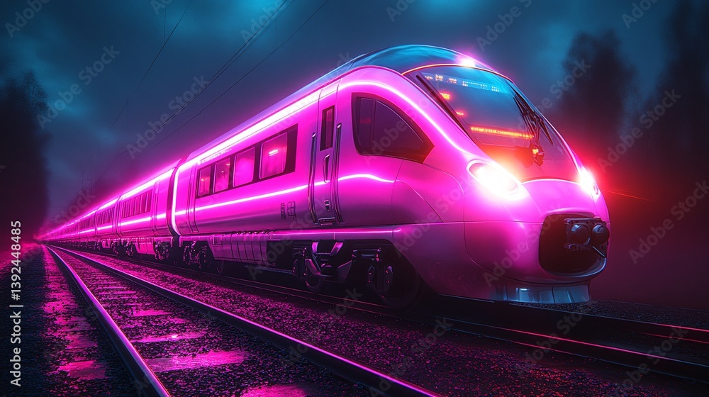 Naklejka premium Futuristic Minimalist Train Sketch with Glowing Neon Lights at Night in a Mystical Setting