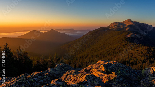 Sunrise Over Majestic Mountain Peaks and Pine Forest – Tranquil Wilderness Vista