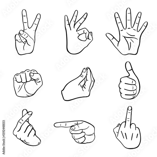 Vector set of hand gesture line icons. Peace, OK, thumbs up, fist, finger heart, pointing, Italian, middle finger signs. Outline style, black and white for stickers, emojis, signs, comics, web