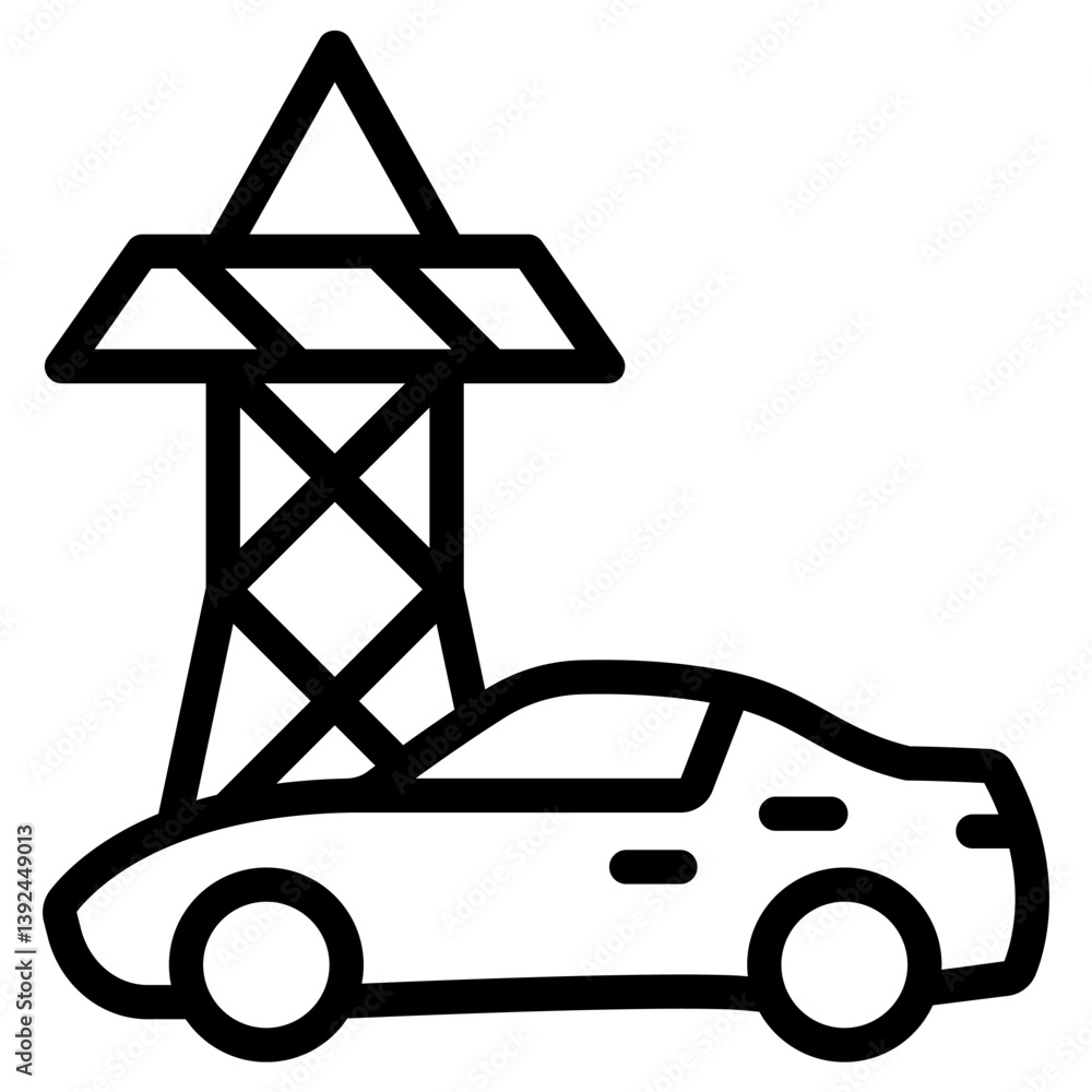 Electric car and power line line icon, Electricity concept. Vector graphics. Automobile and tower sign on white background, style mobile or design. Electric car and power line line icon, Electricity concept. Vector graphics. Automobile and tower sign on white background, style mobile or design.