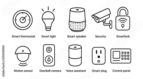 Smart home icon set: linear style with thermostat, light, speaker, security camera, lock, and more