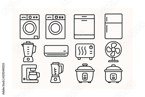 Essential home appliances icons set: laundry, kitchen, and air comfort in linear design