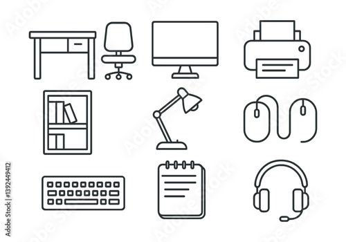 Office equipment icon set: linear style for workplace and productivity designs