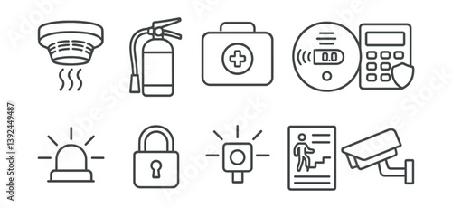 Essential safety and security icons set in linear style for home and office protection