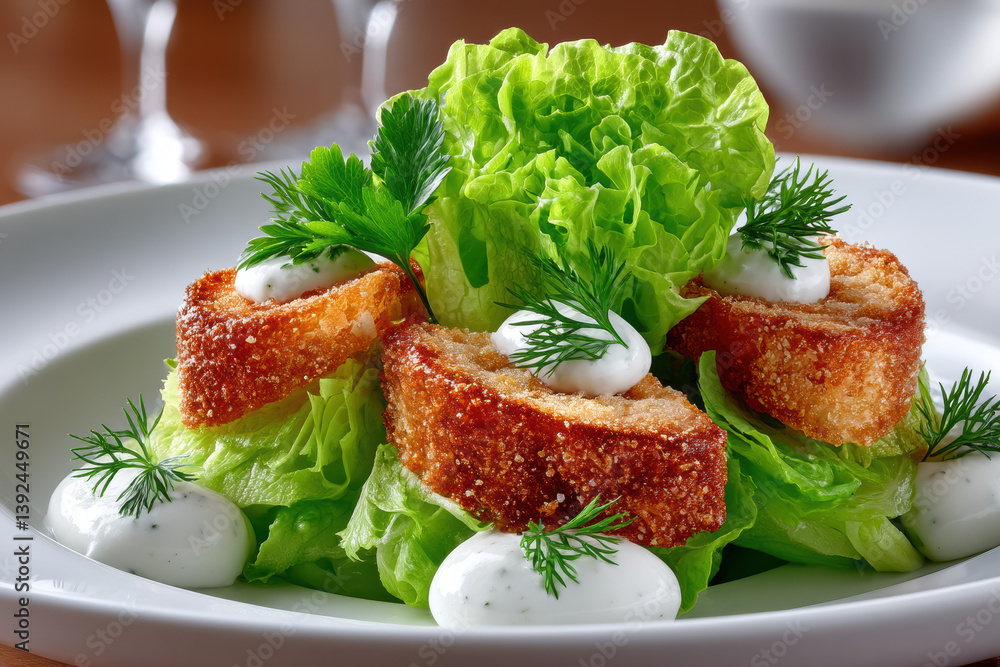 Crispy breaded rolls served fresh lettuce with creamy herb dressing, garnished with dill and parsley for vibrant presentation Crispy breaded rolls served fresh lettuce with creamy herb dressing, garnished with dill and parsley for vibrant presentation