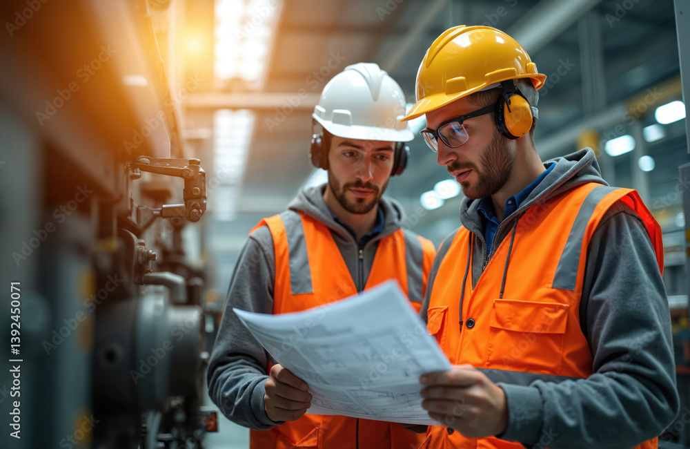 Two young engineers consult, design equipment in machine repair factory. Men wearing safety vests, helmets, ear protection study technical drawing. Technical inspection, quality control, industrial Two young engineers consult, design equipment in machine repair factory. Men wearing safety vests, helmets, ear protection study technical drawing. Technical inspection, quality control, industrial