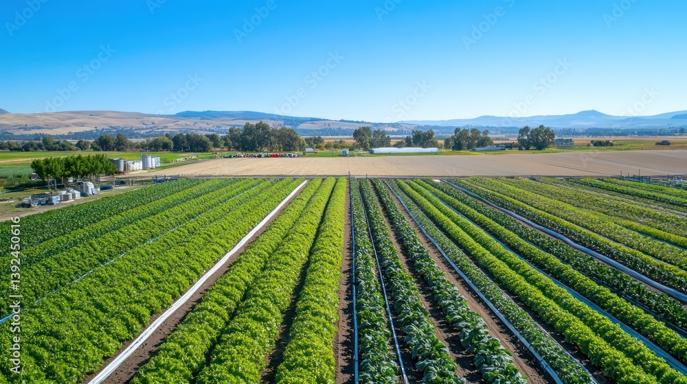 A modern farm with efficient irrigation watering healthy vegetable rows under a clear blue sky, showing sustainable farming in action. A modern farm with efficient irrigation watering healthy vegetable rows under a clear blue sky, showing sustainable farming in action.